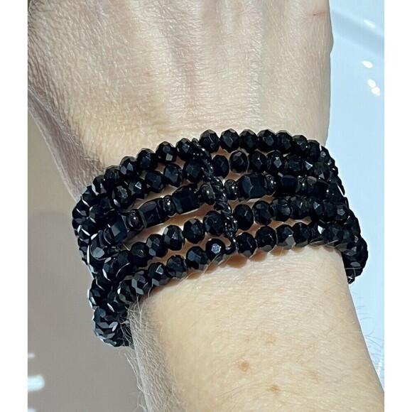 Estate Six Strand Black Faceted Stretch Memory Wire Wrap Bracelet Whimsy Goth - Picture 2 of 6